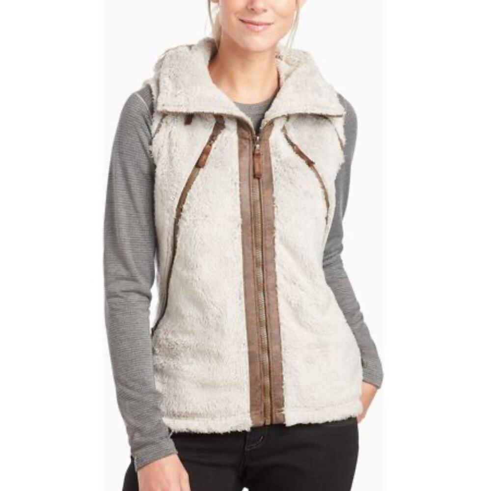 Kuhl Women's Flight Fuzzy Sherpa Full Zip Hooded Jacket Vest tan‎ Size Medium